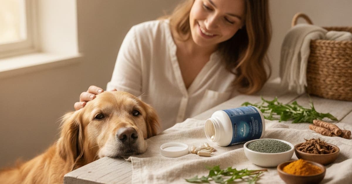 A dog being cared for at home, illustrating denamarin liver supplements for dogs: what they support