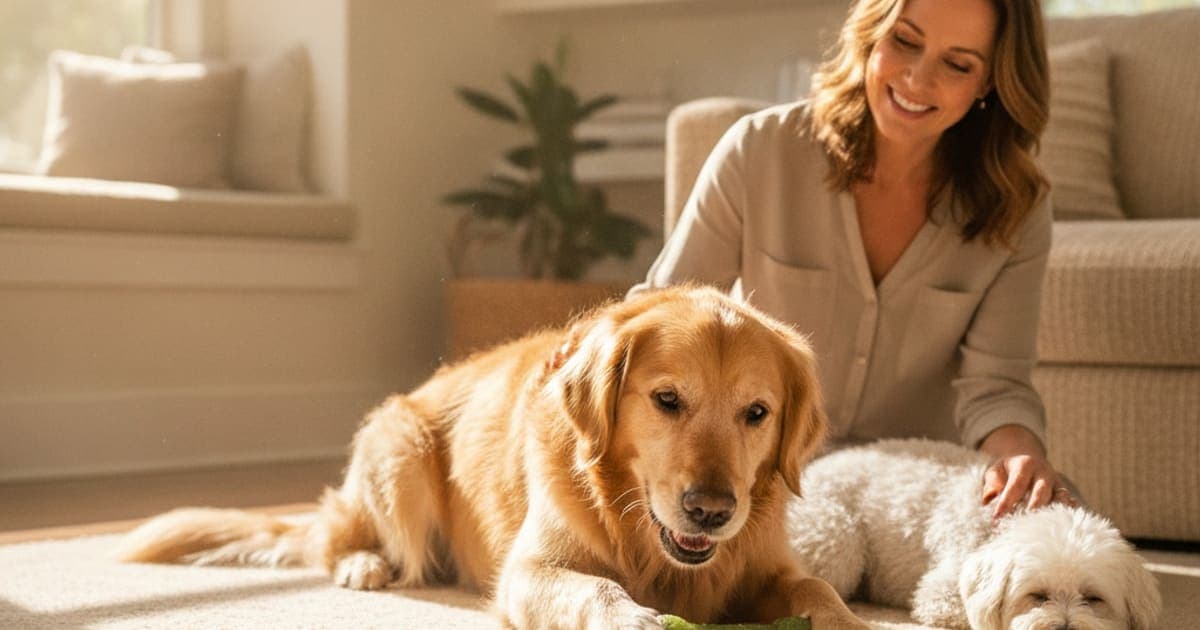 A dog being cared for at home, illustrating dental chews for dogs with kidney disease