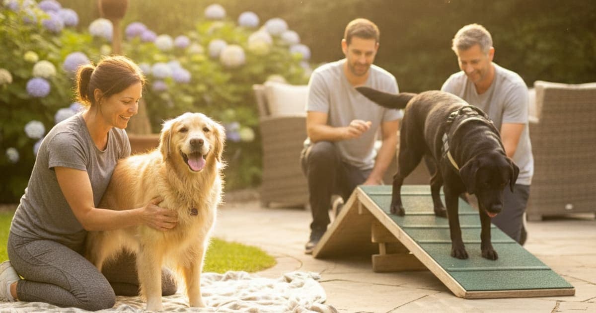 A dog being cared for at home, illustrating does dog physical therapy work? (what canine rehab does)
