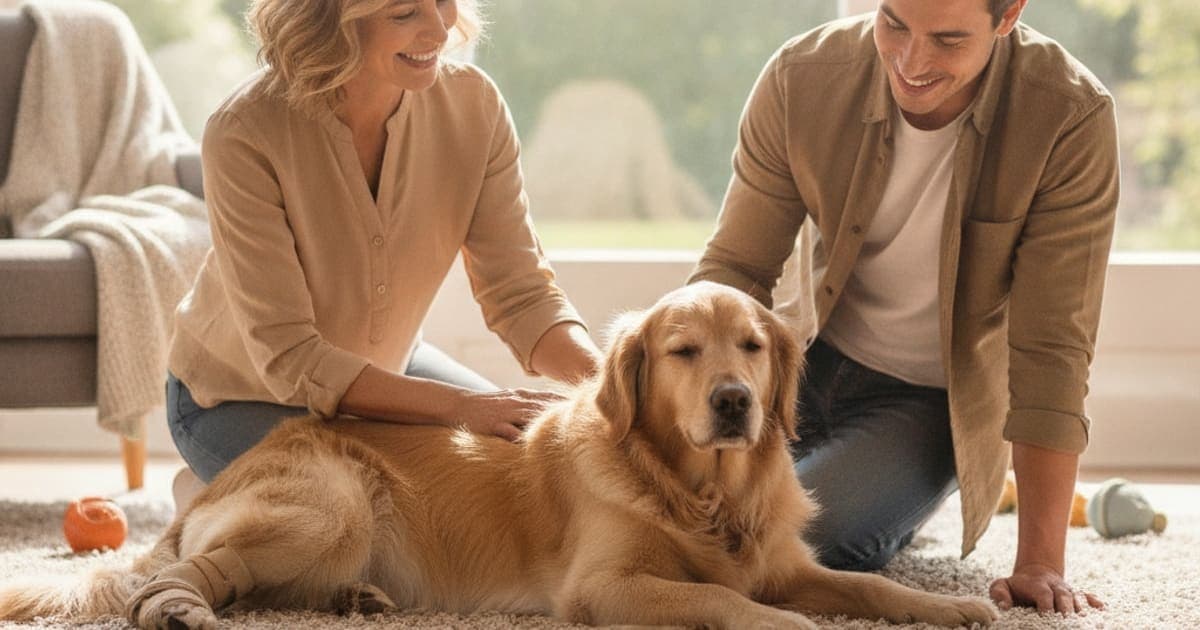 A dog being cared for at home, illustrating dog achilles tendon injury recovery time: what to expect
