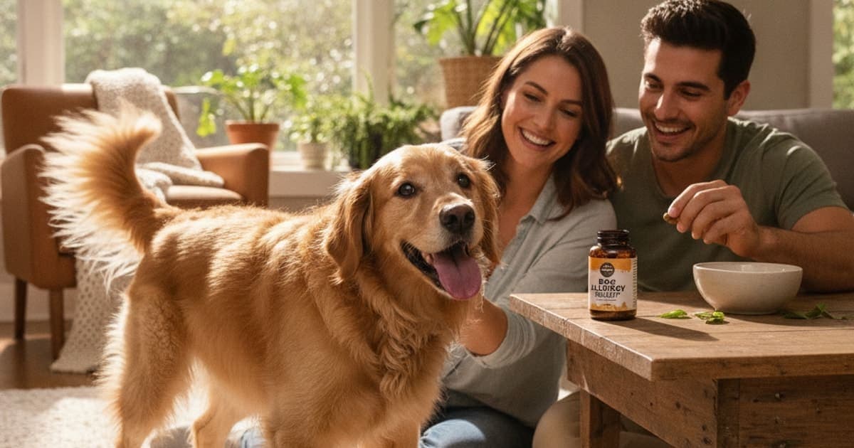 A dog being cared for at home, illustrating dog allergy relief supplements