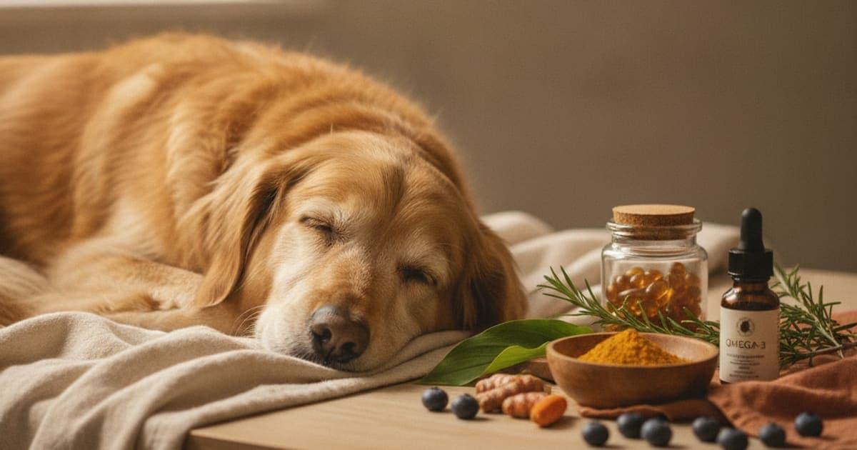 A dog being cared for at home, illustrating dog arthritis natural supplements