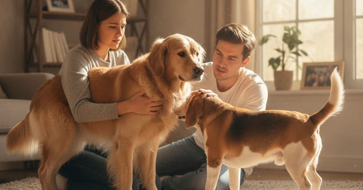 A dog being cared for at home, illustrating dog back leg shaking and limping