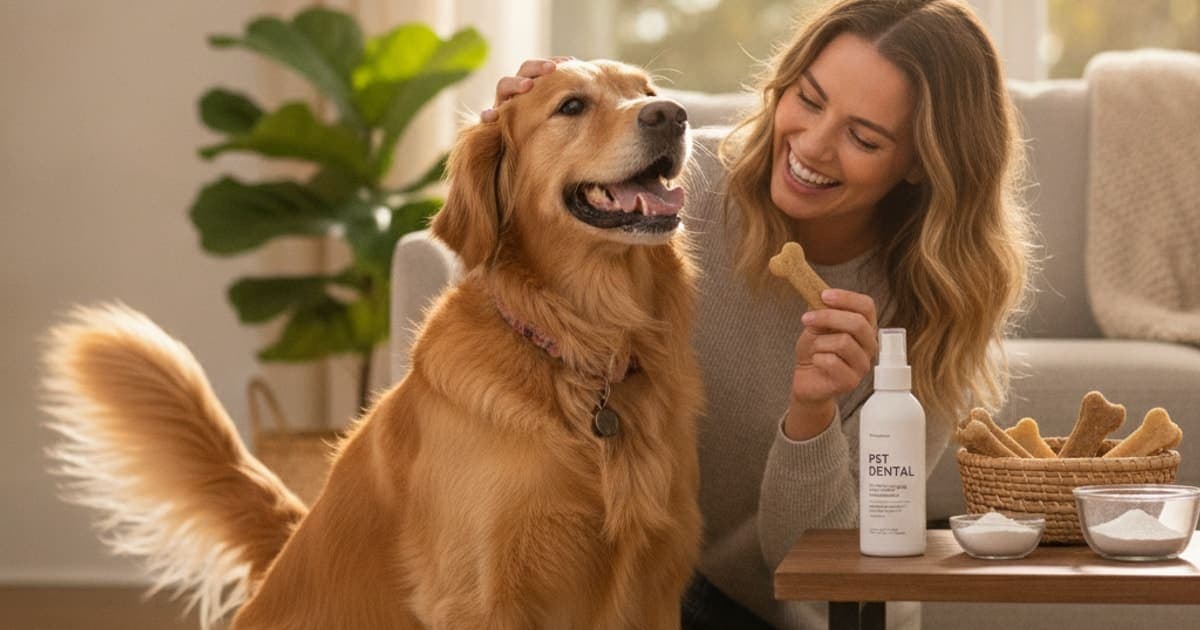 A dog being cared for at home, illustrating dog bad breath: best chews, additives and sprays compared