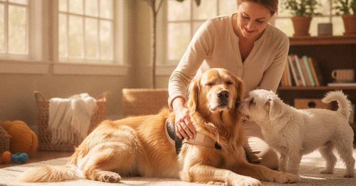 A dog being cared for at home, illustrating dog bicipital tenosynovitis recovery time: what to expect
