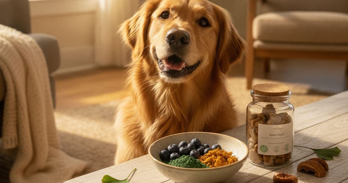 A dog being cared for at home, illustrating dog brain health supplements