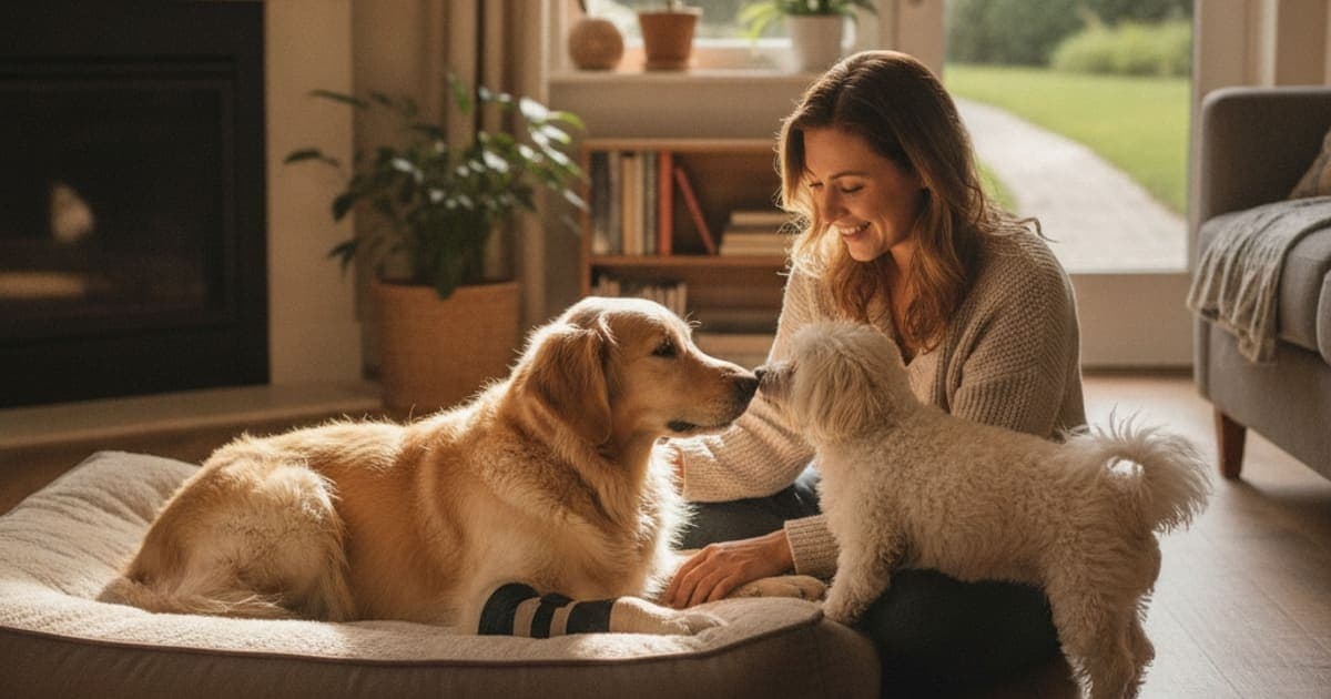 A dog being cared for at home, illustrating dog bursitis recovery time: realistic expectations