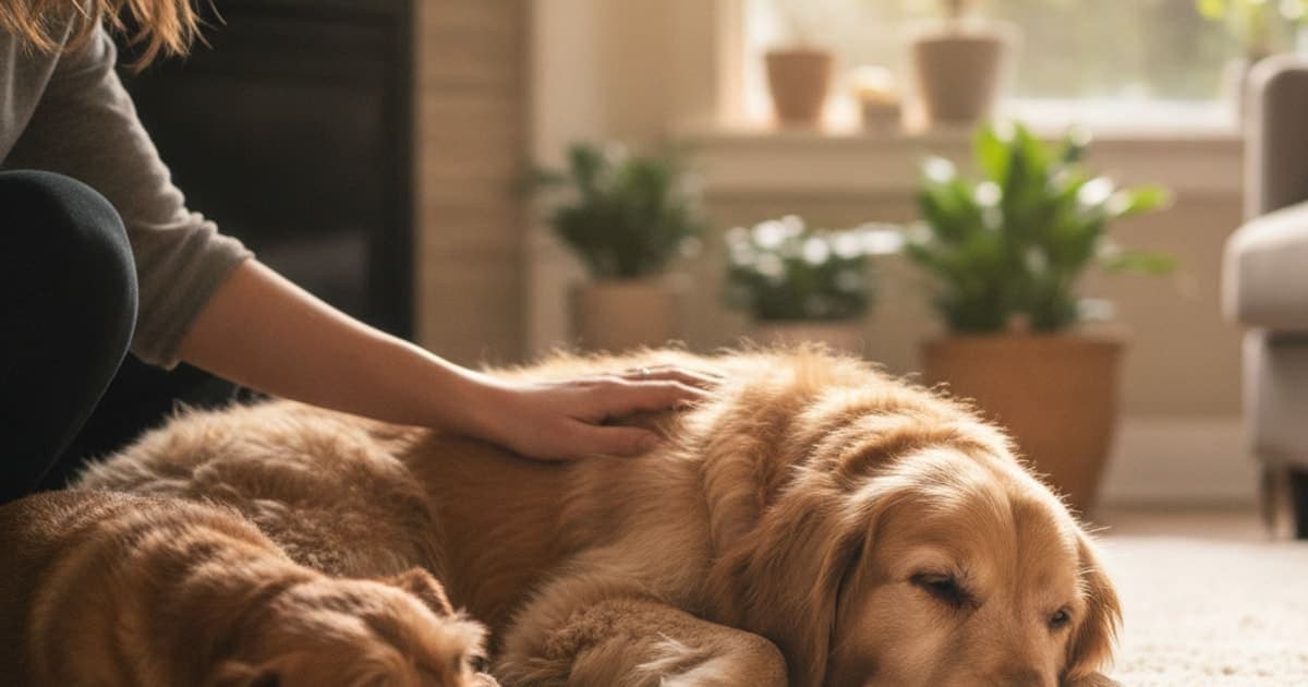 A dog being cared for at home, illustrating dog chronic pain recovery time: realistic expectations