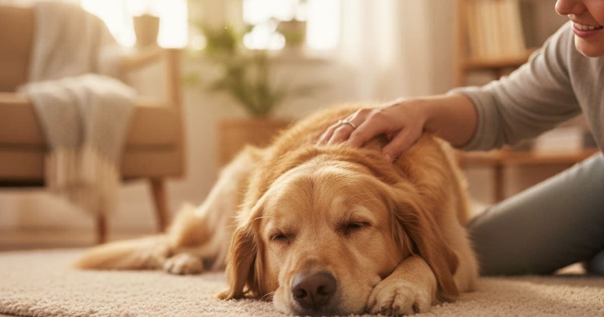A dog being cared for at home, illustrating dog colitis recovery time: realistic expectations