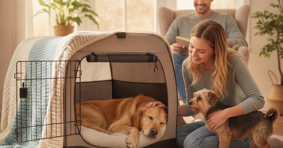 A dog being cared for at home, illustrating dog crate rest recovery time