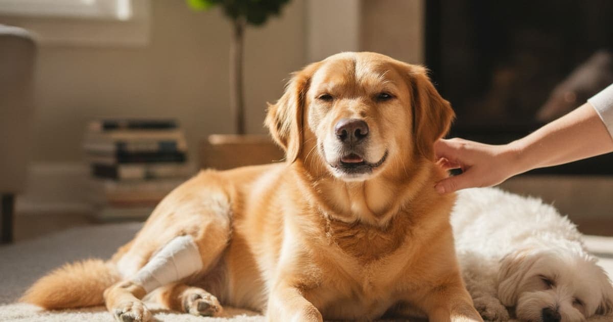 A dog being cared for at home, illustrating dog cruciate surgery recovery: realistic timeline