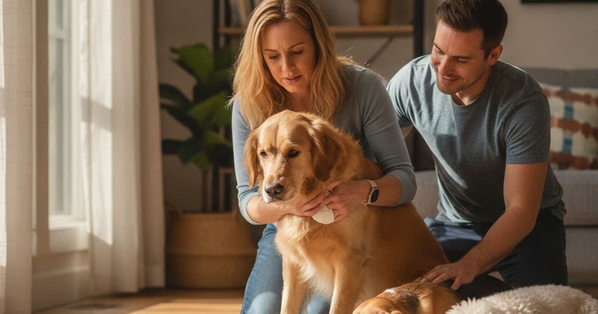 A dog being cared for at home, illustrating dog crying out in pain: when to see a vet