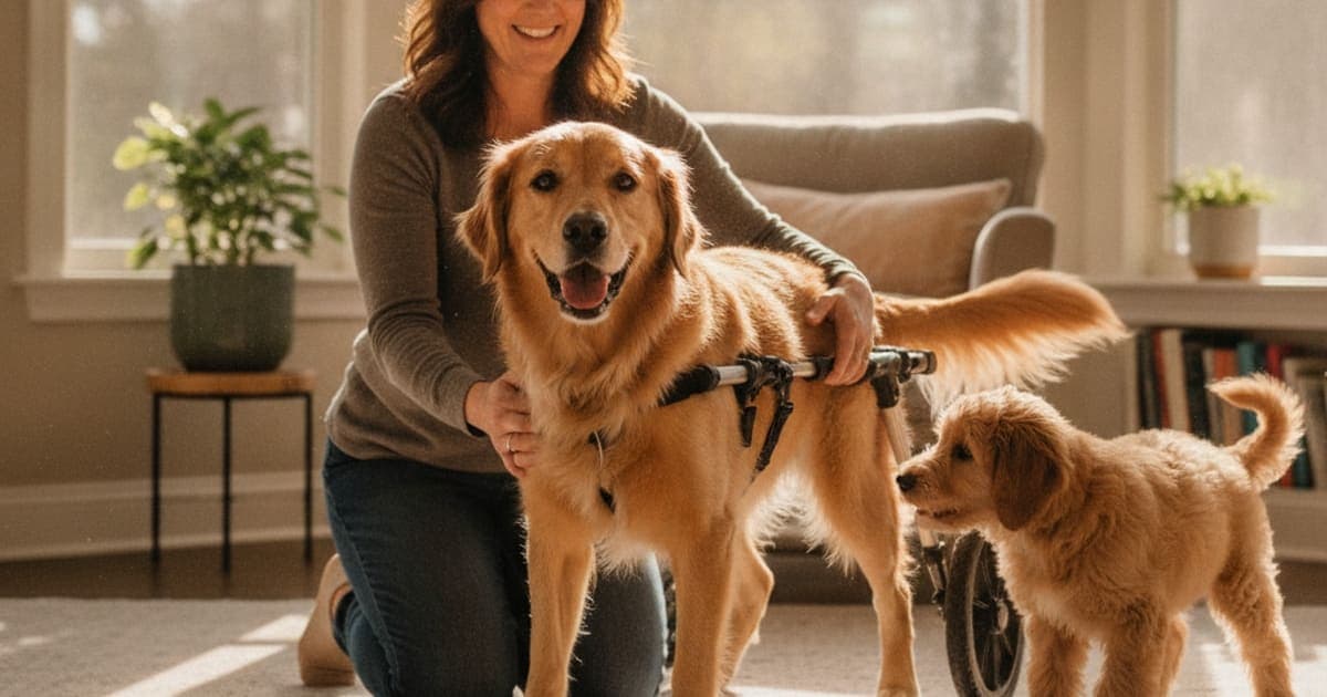 A dog being cared for at home, illustrating dog degenerative myelopathy recovery time: what to expect