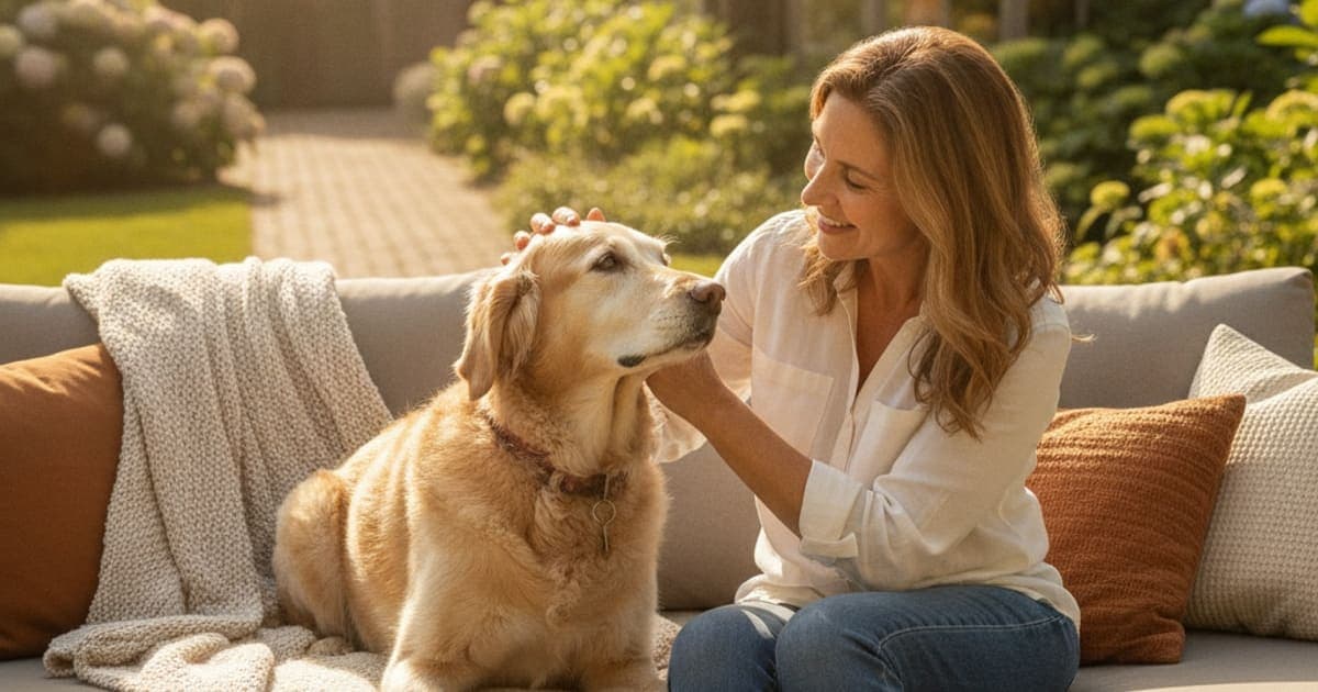 A dog being cared for at home, illustrating dog dementia supplements