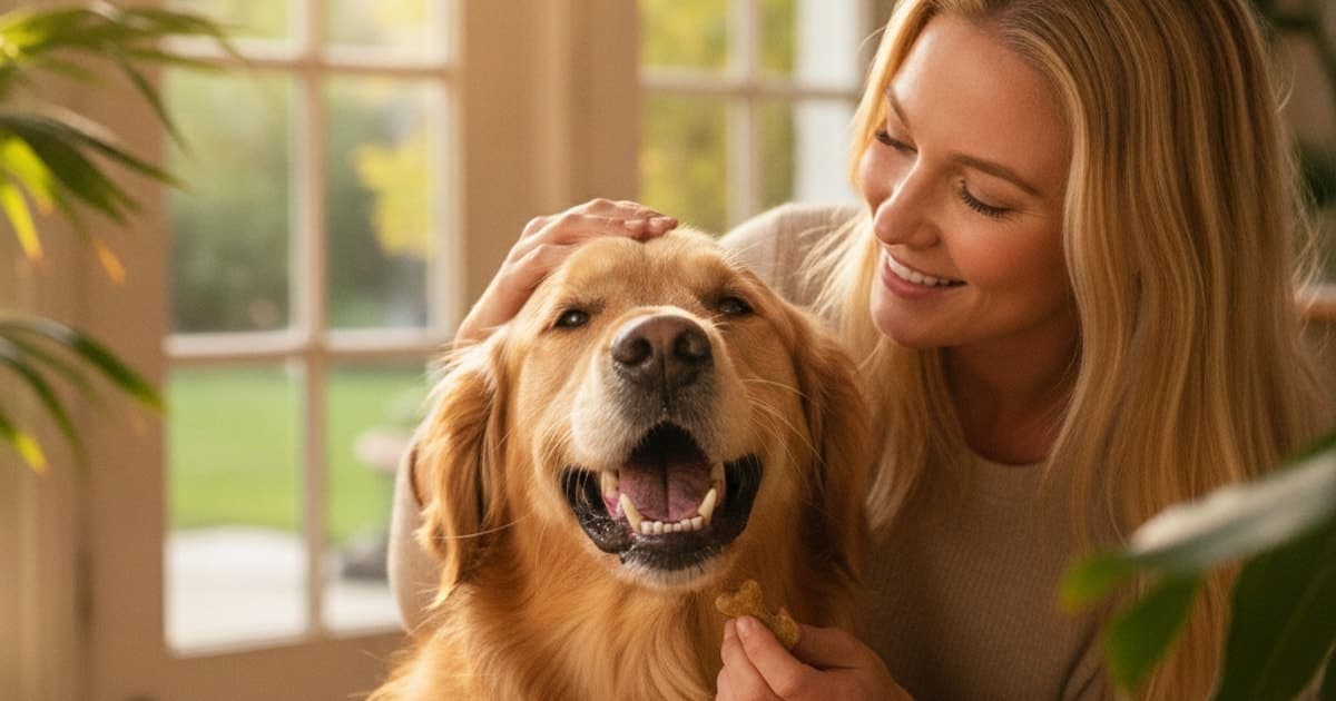A dog being cared for at home, illustrating dog dental supplements: what they do and how to choose
