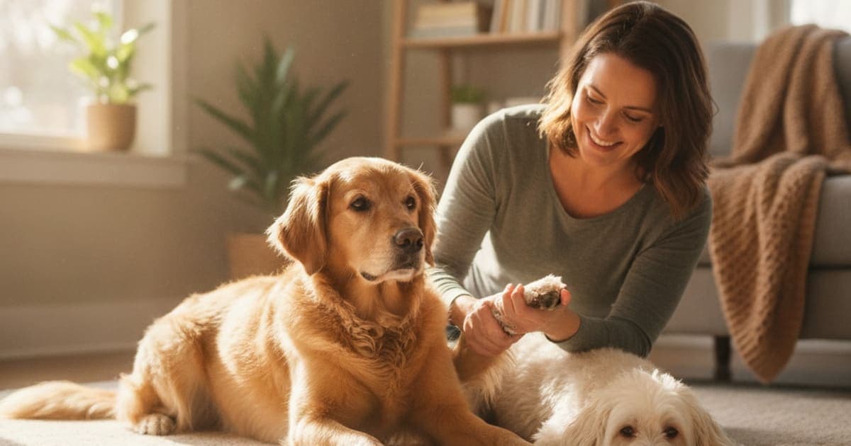 A dog being cared for at home, illustrating dog elbow dysplasia recovery time: what to expect