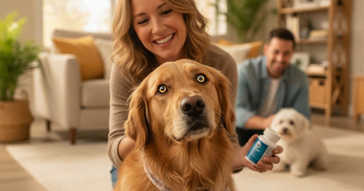 A dog being cared for at home, illustrating dog eye supplements