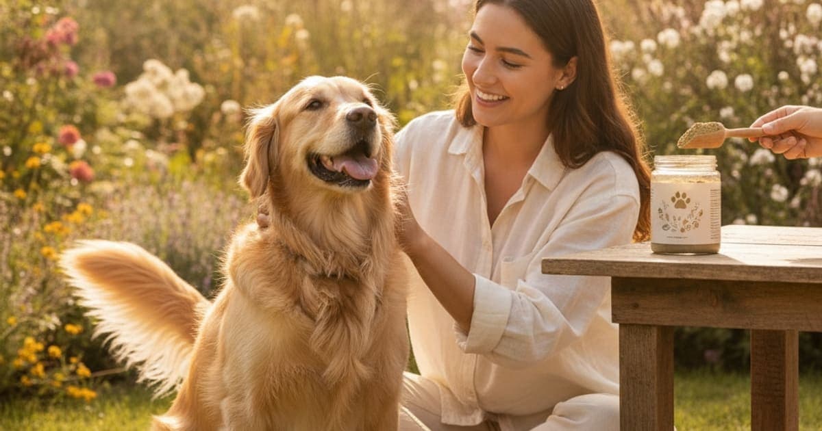A dog being cared for at home, illustrating dog fibre supplements