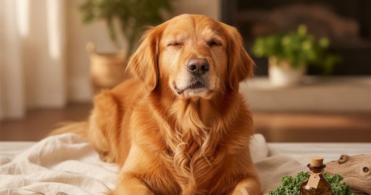 A dog being cared for at home, illustrating dog food supplements for dry skin