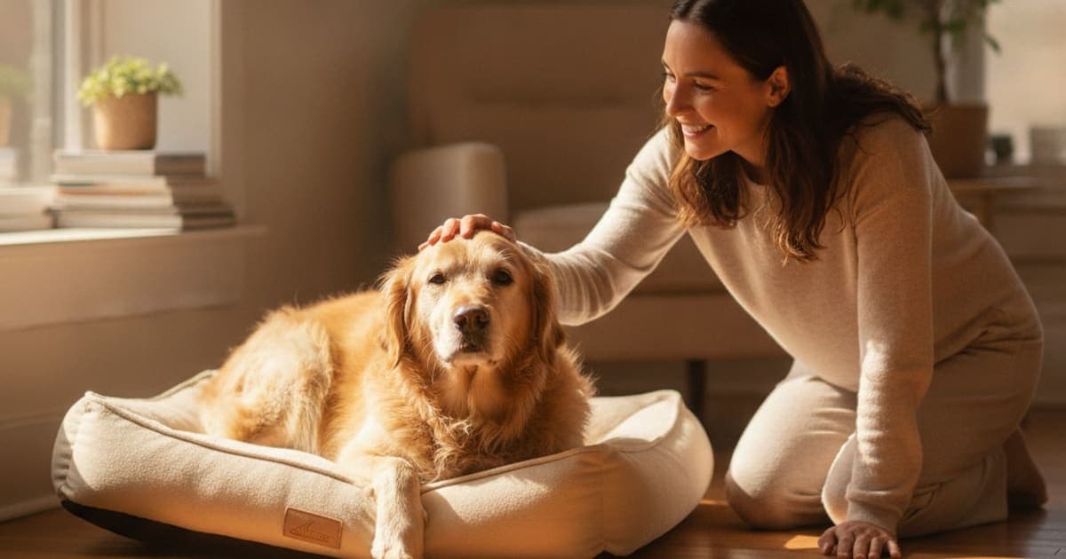 A dog being cared for at home, illustrating dog hip arthritis recovery time: realistic expectations