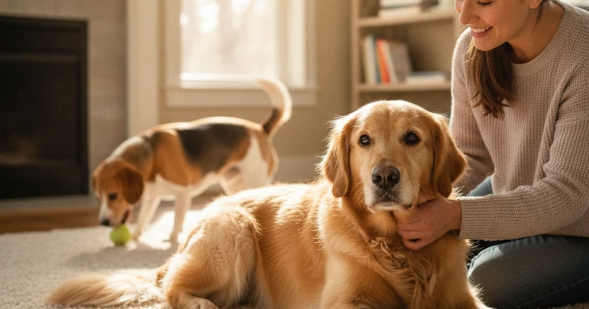 A dog being cared for at home, illustrating dog hock injury recovery time: realistic expectations