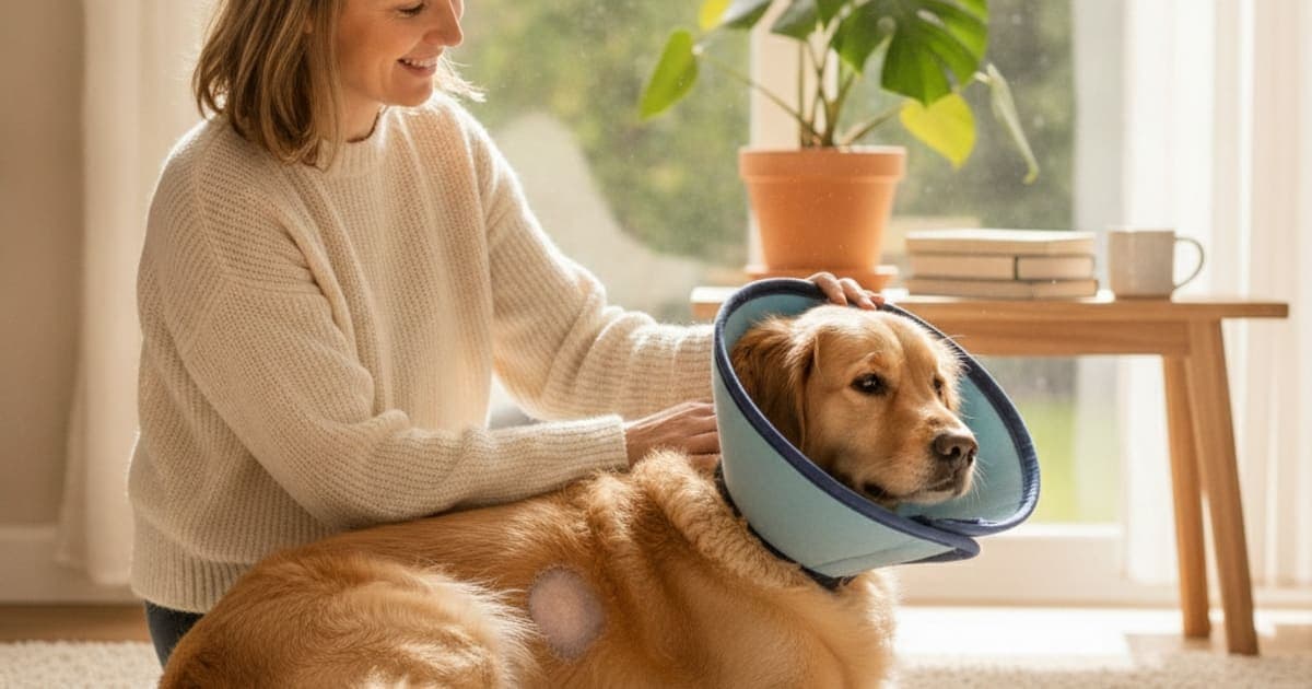 A dog being cared for at home, illustrating dog hot spots recovery time: realistic expectations