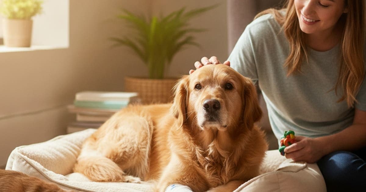 A dog being cared for at home, illustrating dog hygroma recovery time: realistic expectations
