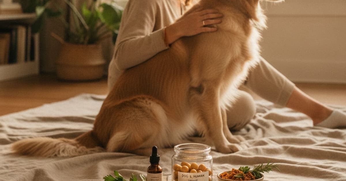 A dog being cared for at home, illustrating dog is human joint supplement: what owners should know