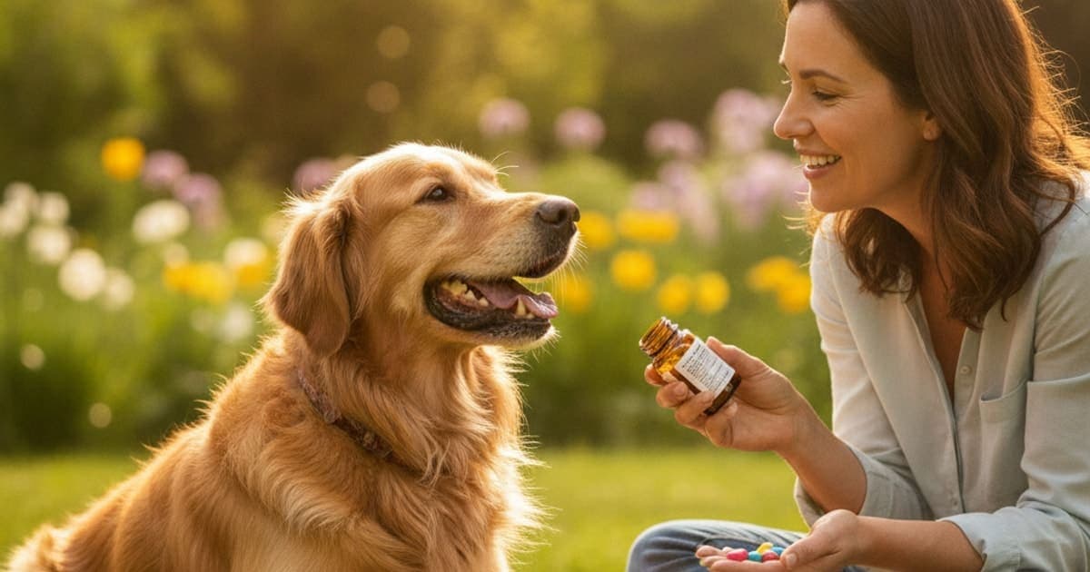A dog being cared for at home, illustrating dog is human supplements: are human vitamins safe