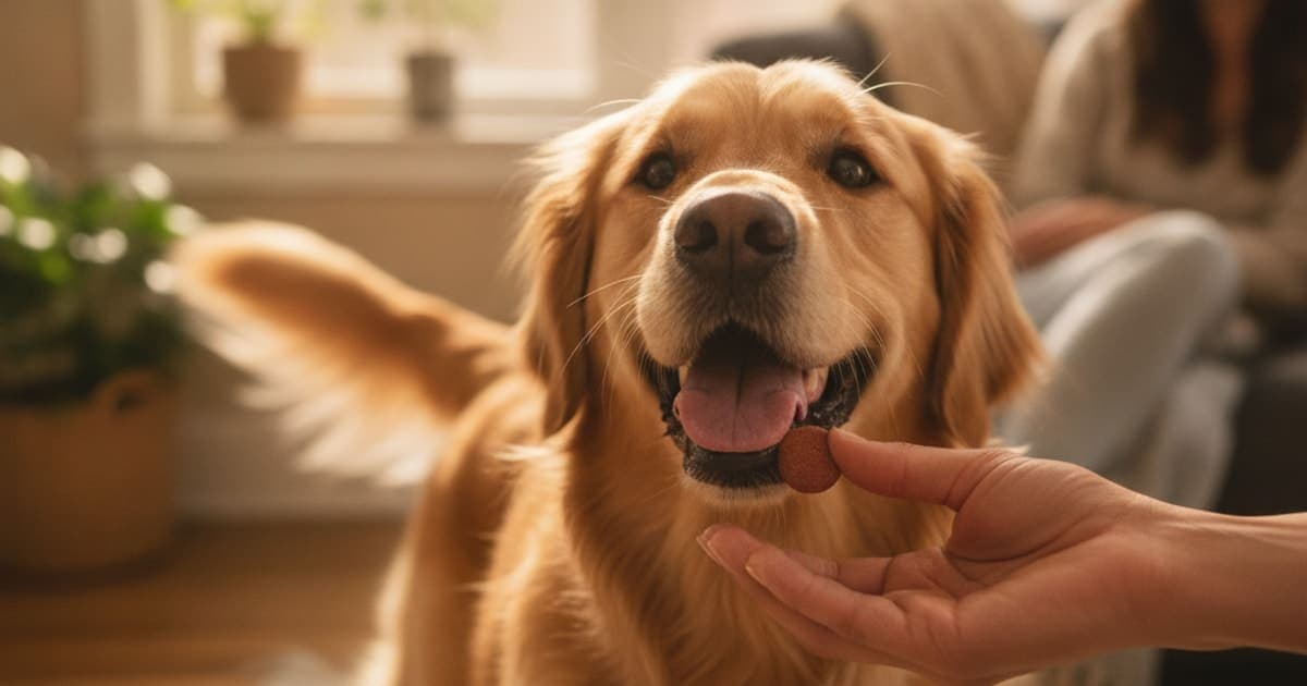 A dog being cared for at home, illustrating dog is human supplements reviews: how to judge them