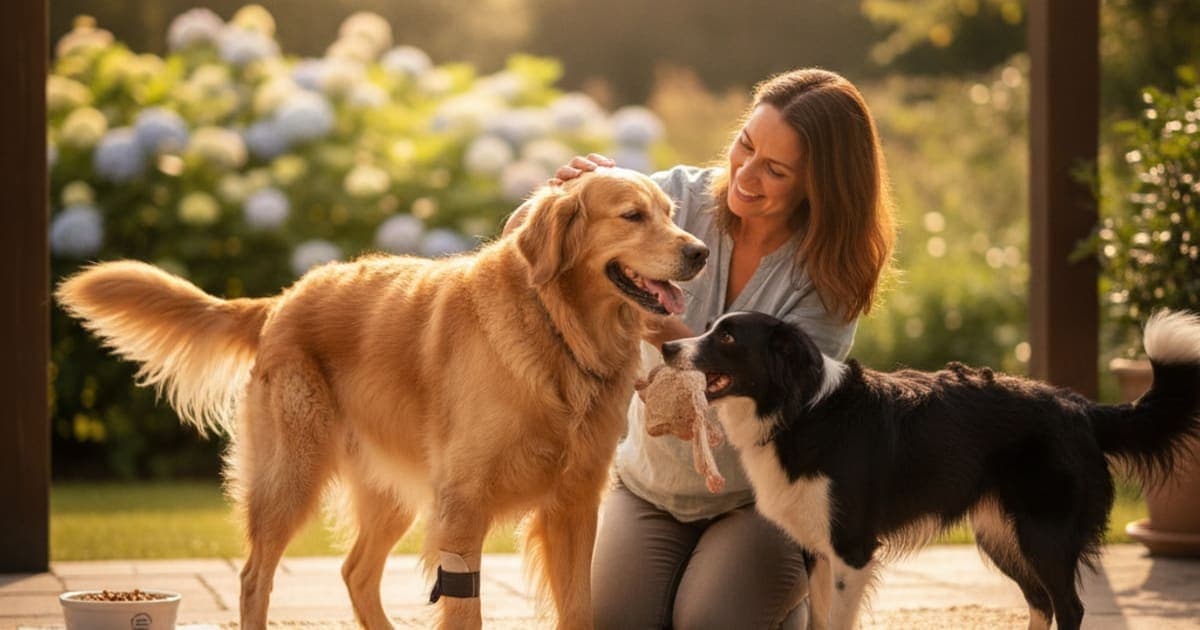 A dog being cared for at home, illustrating dog joint effusion recovery time: realistic expectations