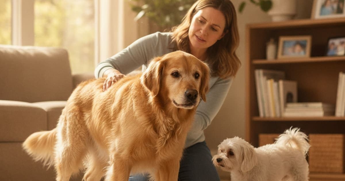 A dog being cared for at home, illustrating dog joint pain