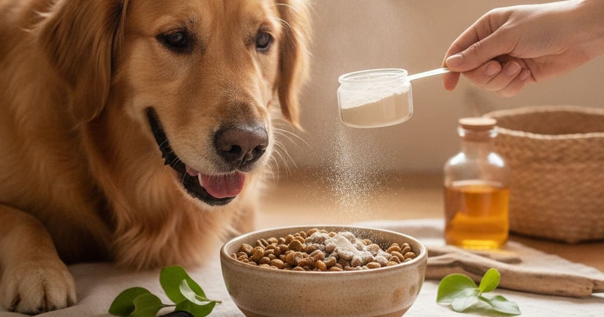 A dog being cared for at home, illustrating dog joint supplements powder: what to look for