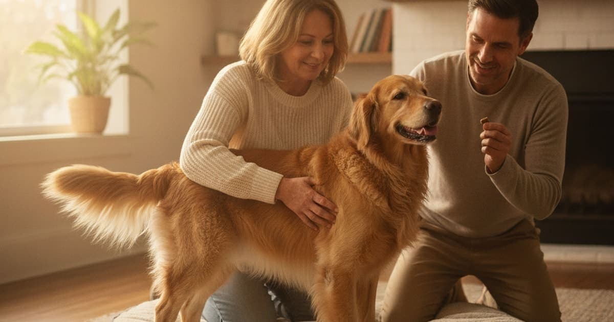 A dog being cared for at home, illustrating dog limping back leg on and off: what it means