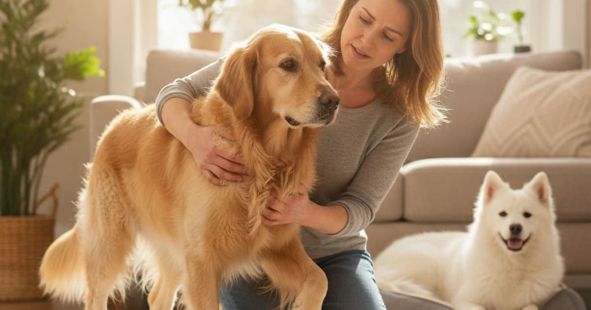 A dog being cared for at home, illustrating dog limping on a back leg: when to see a vet