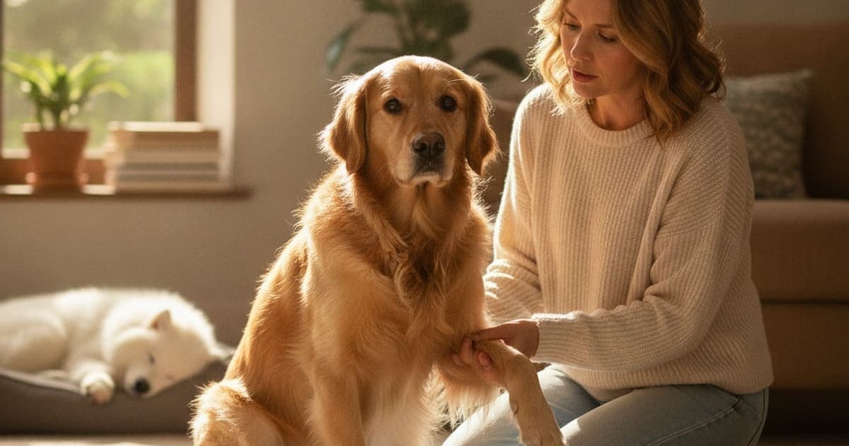 A dog being cared for at home, illustrating dog limping on a front leg: what it usually means