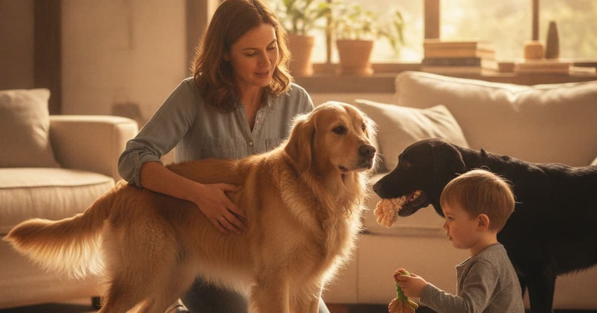 A dog being cared for at home, illustrating dog limping on back leg: hip dysplasia & other causes
