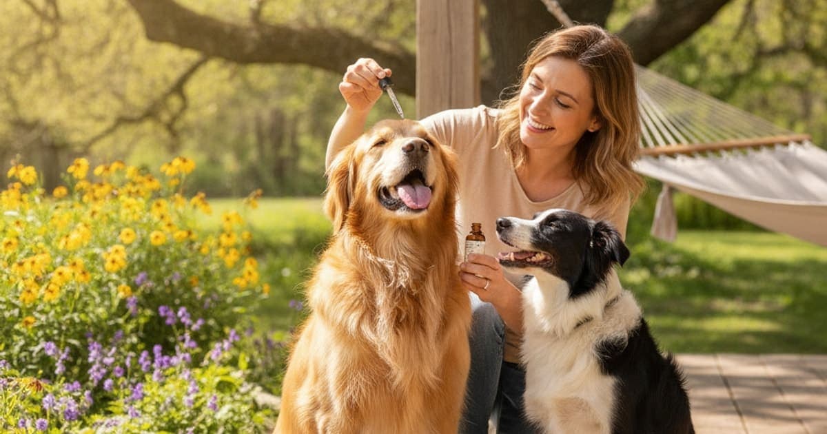 A dog being cared for at home, illustrating dog liquid supplements