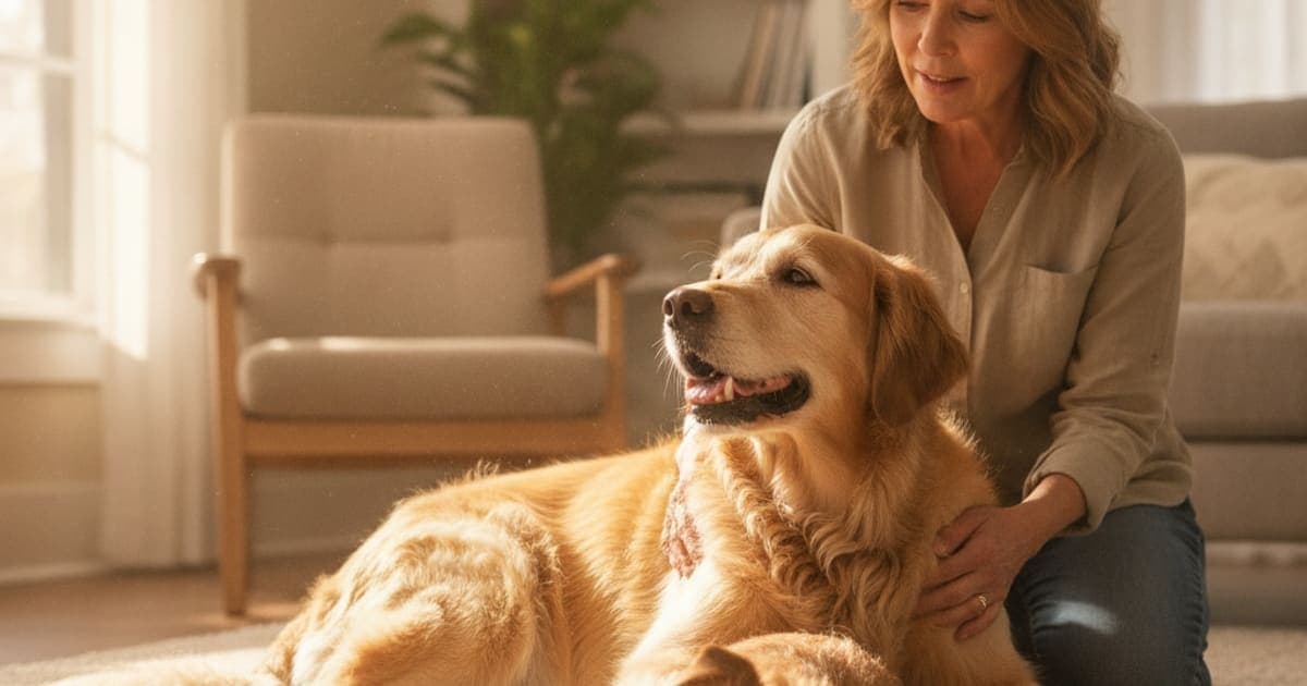 A dog being cared for at home, illustrating dog loss of muscle in back legs: when to see a vet