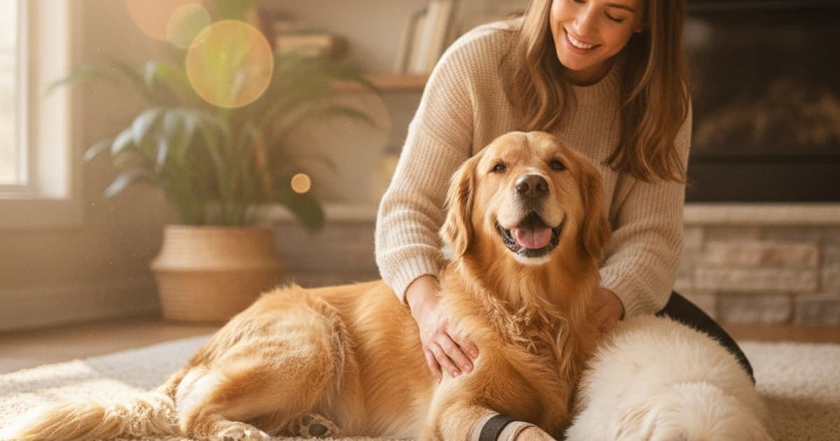 A dog being cared for at home, illustrating dog luxating patella recovery time: what to expect