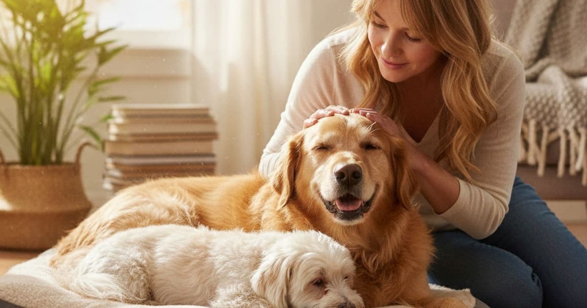 A dog being cared for at home, illustrating dog meniscus tear recovery time: realistic expectations