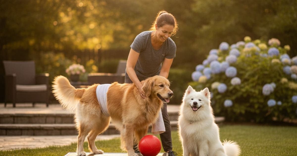 A dog being cared for at home, illustrating dog muscle atrophy recovery time: realistic expectations