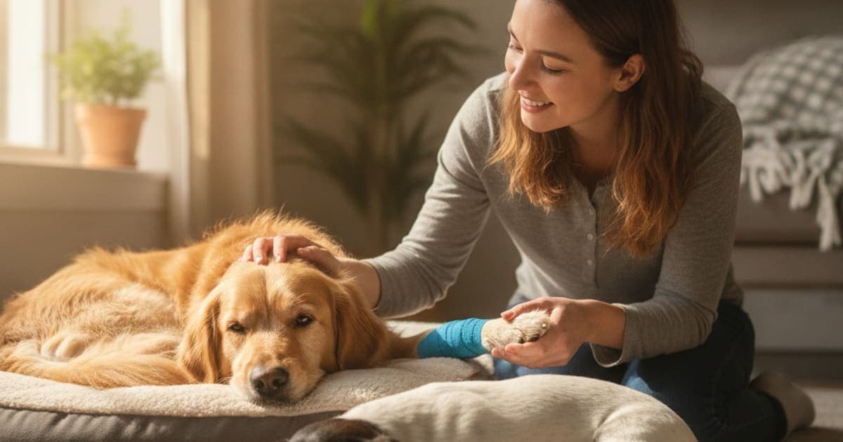 A dog being cared for at home, illustrating dog muscle tear recovery time: realistic expectations