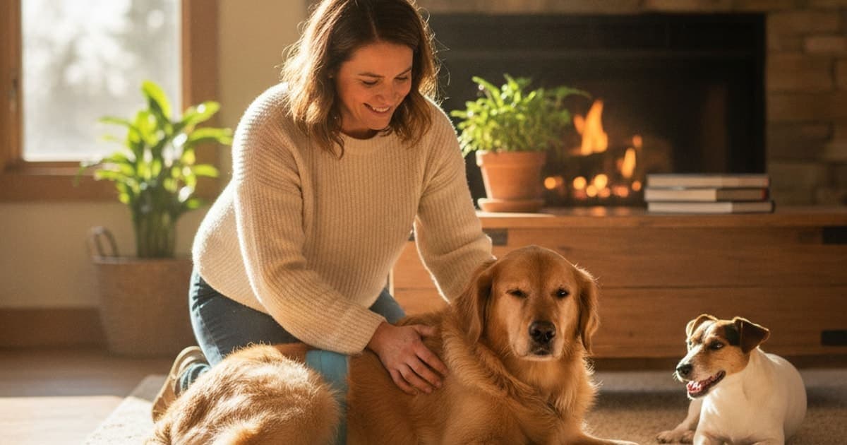 A dog being cared for at home, illustrating a dog's muscle tear recover without surgery