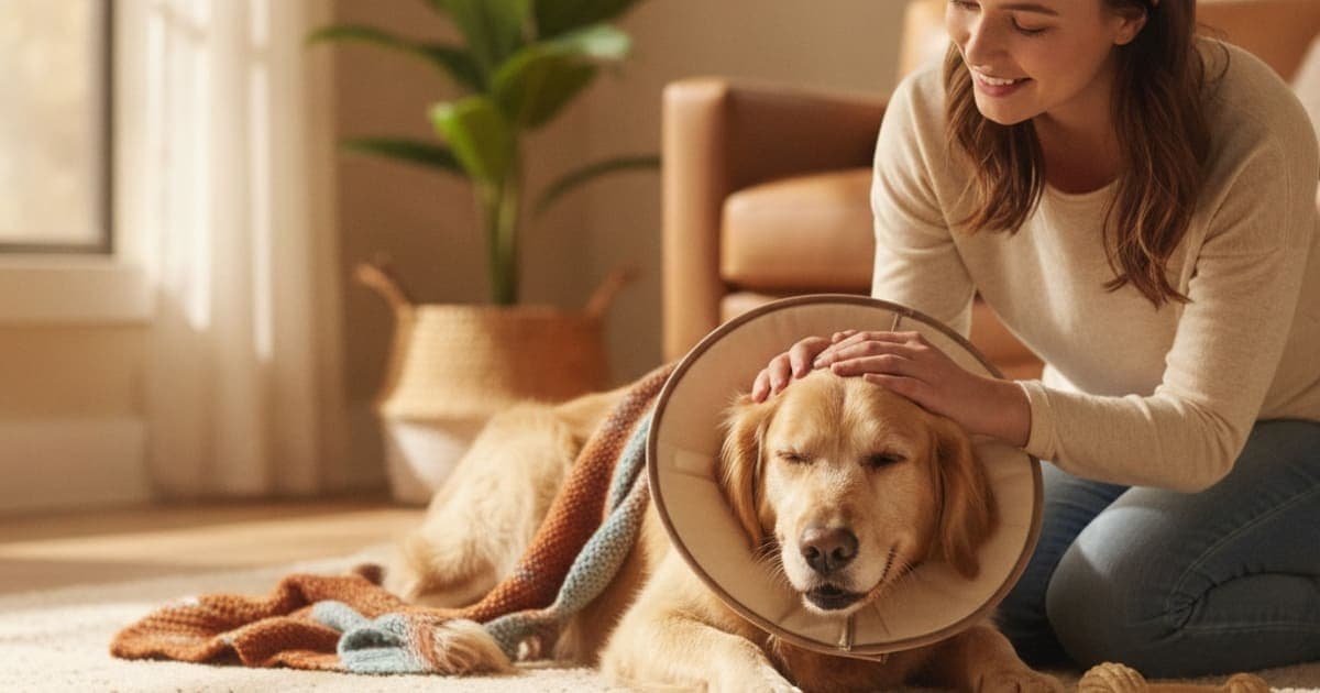 A dog being cared for at home, illustrating how long does neuter recovery take in a dog? (timeline)