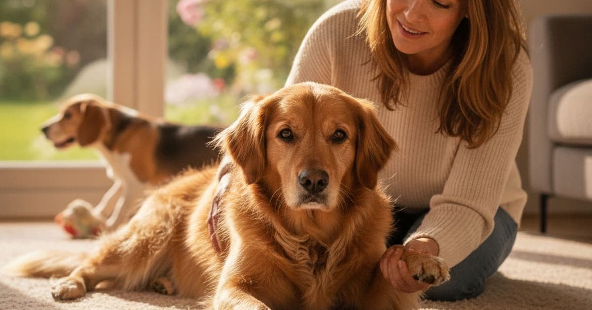 A dog being cared for at home, illustrating dog not improving on pain meds: when to see a vet