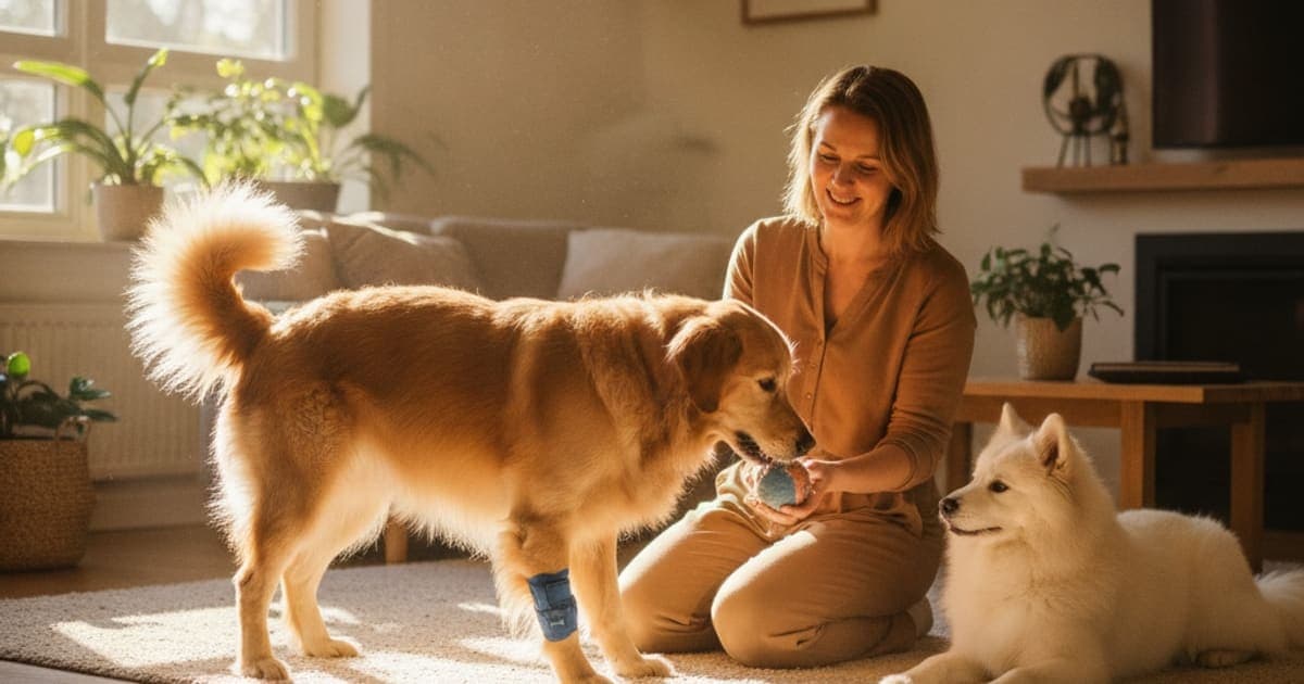 A dog being cared for at home, illustrating dog osteochondritis dissecans recovery time: what to expect