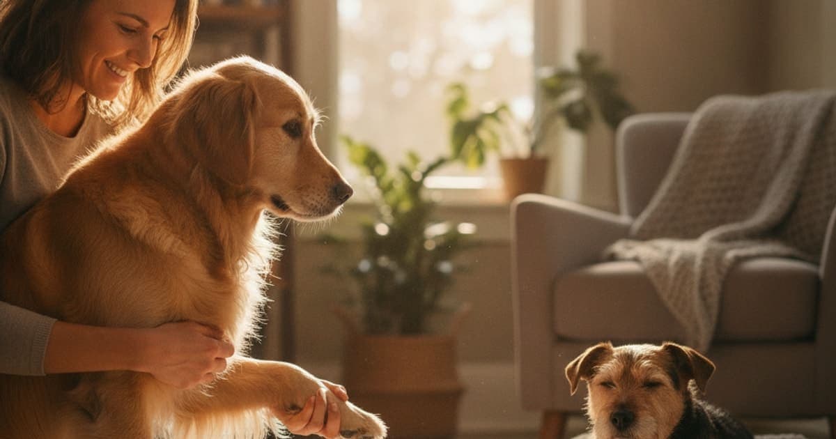 A dog being cared for at home, illustrating dog paw balm recipe