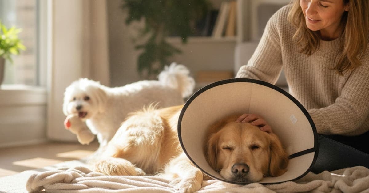 A dog being cared for at home, illustrating dog post-surgical recovery: realistic timeline