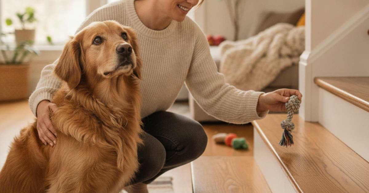 A dog being cared for at home, illustrating dog reluctant to go up stairs: home remedies that help